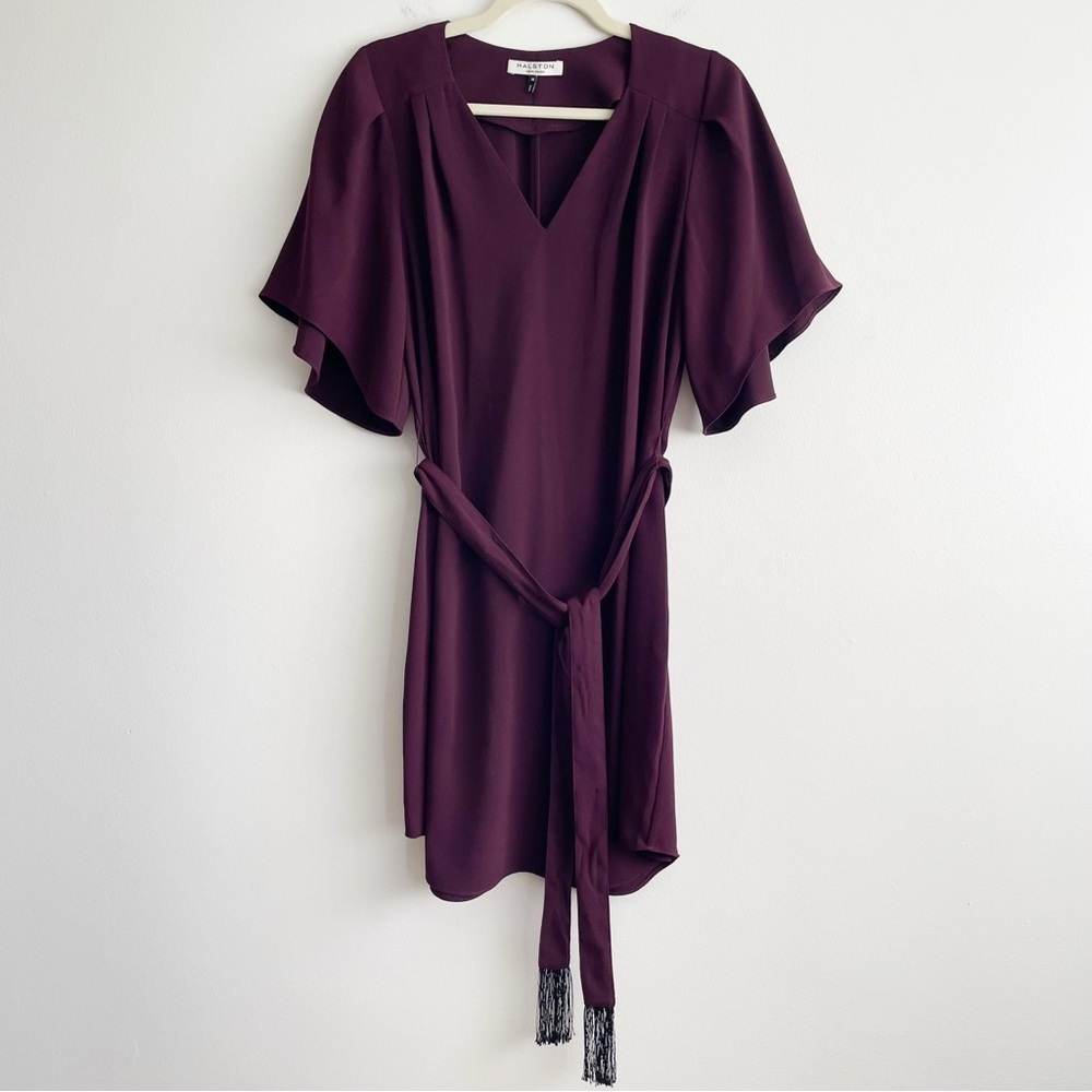 Halston Heritage Dress belted short eggplant purple cape formal cocktail medium